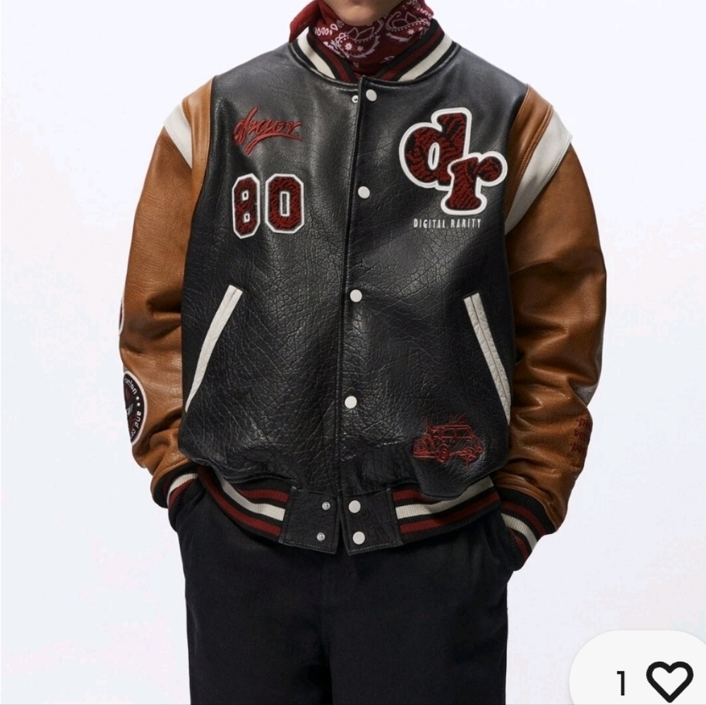Zara Black and Brown Leather Varsity Jacket with Red Accents